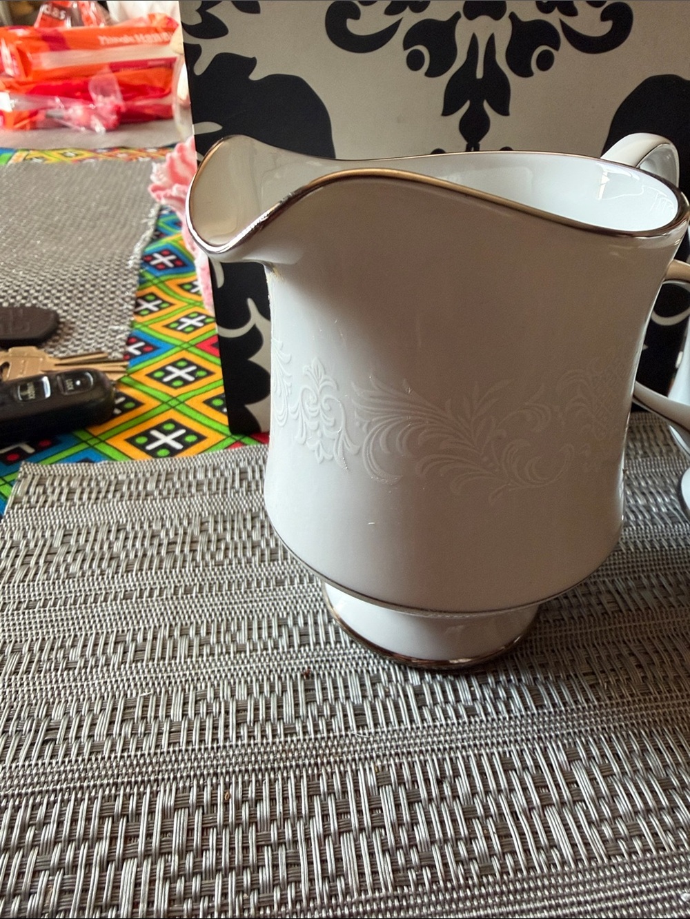 White Ceramic Pitcher with Gold Trim - Elegant Home Art Accent